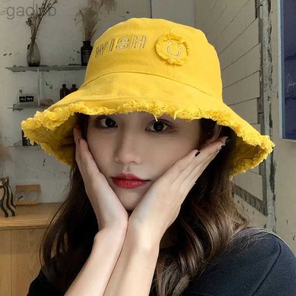 Cappelli a tesa larga Cappelli a secchiello Cappelli a secchiello Fox Cappelli da sole Estate Donna Toppa sottile Lettera Ricamo Burr Shade Face Stile coreano Nuova moda giapponese Tinta unita 24323