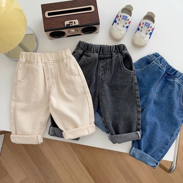 Frühling Herbst Mädchen Geprägte Lächeln Jeans 6M5Years Kinder Mode Einfarbig Allmatch Denim Hosen 240318