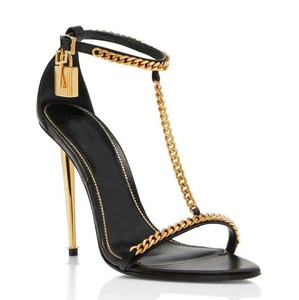 Tomlies Fordlies Summer Walk High Salto Vestido Sapatos Freds Mulheres Salteled Padlock Pointy Naked Sandals Shoe Hardware Lock e Key Woman Metal Steletto Heels Party Weddin