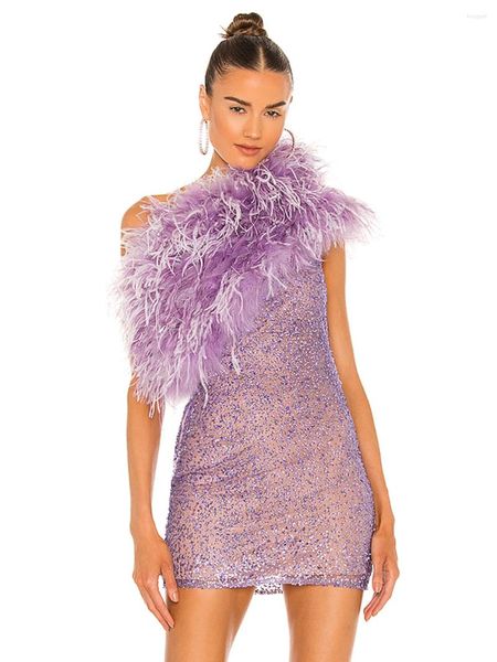Sıradan elbiseler mopdhy 2024 moda bayanlar ışıltılı payet tüyü mini elbise seksi bir omuz kolsuz ince parti kulüp vestidos