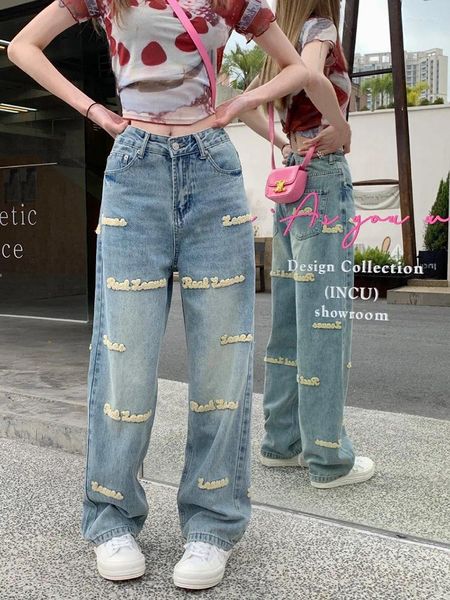 Damen-Jeans Slergiri, hochwertige Frühlings-bestickte Y2k-Retro-Frauen-Straße, hellblau, gewaschen, Baggy-Denim, gerade Hose