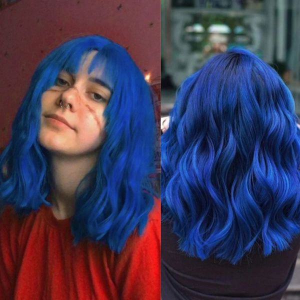 Perucas de cabelo curto azul encaracolado onda perucas sintéticas para preto feminino perucas naturais de seda com franja cosplay festa resistente ao calor cabelo