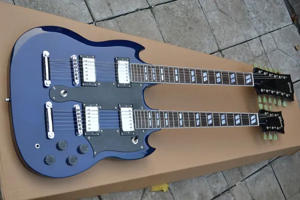 Guitarra elétrica integrada de pescoço duplo de 6 cordas + 12 cordas, corpo azul transparente, placa protetora preta, alto brilho, rosa