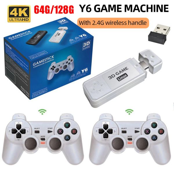 Konsolen Y6 Retro Games Stick 4K HD Wireless Handheld-Spiel mit 2,4 G Wireless Controller 64/128 G integriert über 10.000 Spiele für das Fernsehen