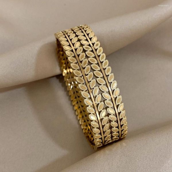 Bangle Vintage Folha Grega Forma de Aço Inoxidável Pulseira Larga para Mulheres Cor de Ouro Oco Trigo Manguito À Prova D 'Água Jóias Presentes