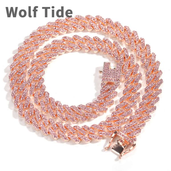 12 mm kubanische Gliederkette, rosa Strass-Halskette, Fußkettchen, Armband für Männer und Frauen, Roségold, Kristalllegierung, Hip-Hop-Schmuck, Zubehör, Bling-Party-Schmuck, Bijoux