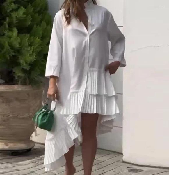 Abiti casual Abito stile corte da donna Colletto in piedi solido Camicia con orlo a pieghe Gonna corta Primavera 2024 Ultima lunga attesa alta A-Line