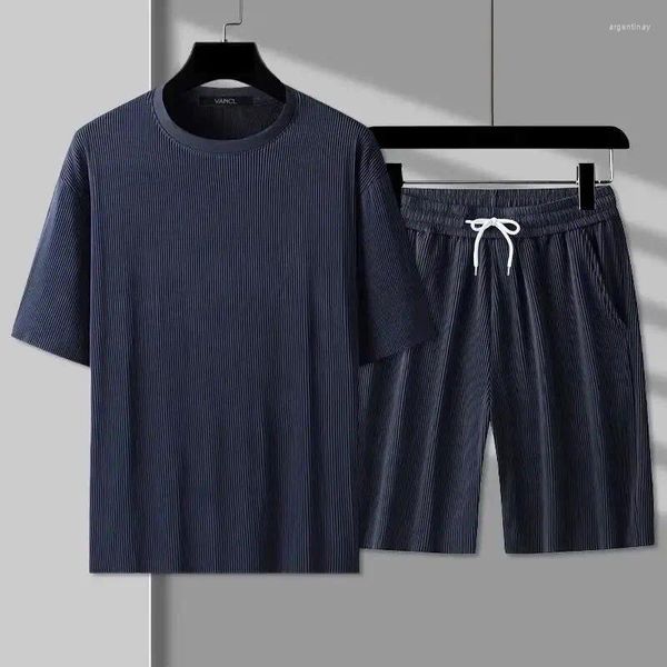 Fatos de treino masculinos verão gelo seda manga curta shorts define casual respirável ternos esportivos moda masculina roupas de duas peças
