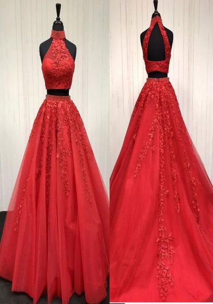 Sexy duas peças apliques gola alta longo laço vermelho tule vestido de baile uma linha elegante longo tule renda vermelha vestido de noite7332236