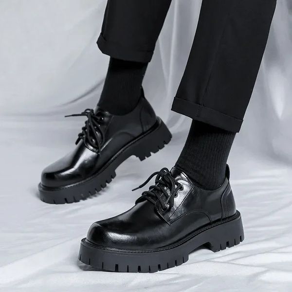 Мужские корейские кожаные оксфорды на платформе без шнуровки, мужские туфли дерби с толстой подошвой, повседневные лоферы, мужские формальные модельные туфли с квадратным носком 240314