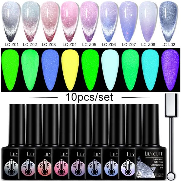 Kit LILYCUTE 10 PZ/SET Luminoso Termico Gatto Magnetico Gel Nail Polish Set Riflettente Glitter Semi Permanente UV Gel Unghie Artistiche Smalto