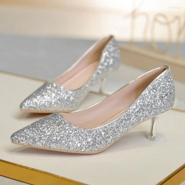 Kleid Schuhe 5/7 cm Glitter Pumps Frau Silber High Heels StilettosThick Heeled Bräute Hochzeit Damen Büro Party pailletten