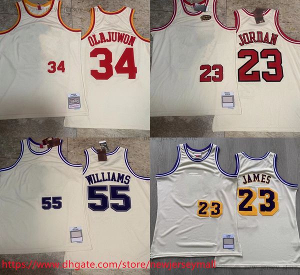 Classico retrò autentico asciugamano ricamo basket MJMichael Jersey Hardwoods Real Stitched 23James 34Olajuwon 55Williams Jersey