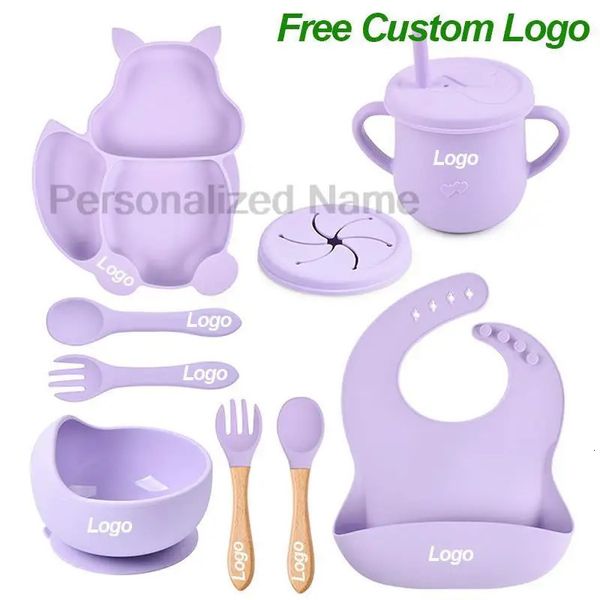 Conjunto de silicone para alimentação de bebês, 8 peças, babadores, colher, garfo, tigela, prato, jantar infantil, pratos de alimentação, personalizado grátis 240319