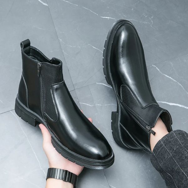 Estilo britânico fivela dupla deslizamento-on zip botas de couro masculino botas de tornozelo de negócios masculino clássico martin botas chelsea