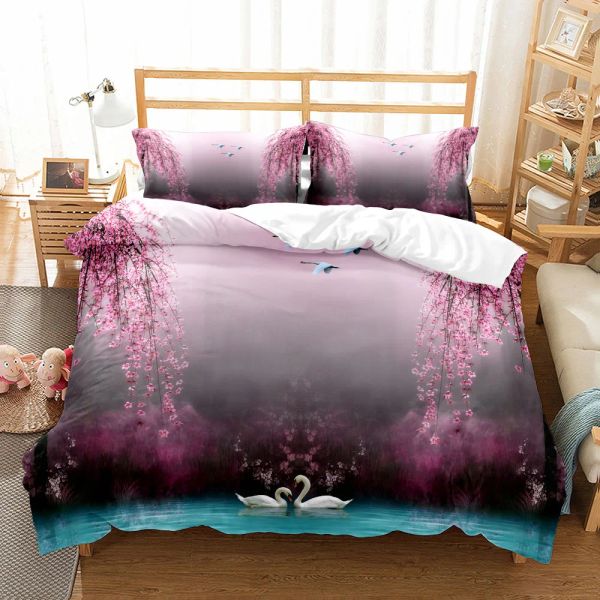Conjunto 3D Swans Duvet romântico/capa Doona Conjunto único de dupla rainha dupla rei cal king tamanho de cama de cama de cama de linho pura cortinas