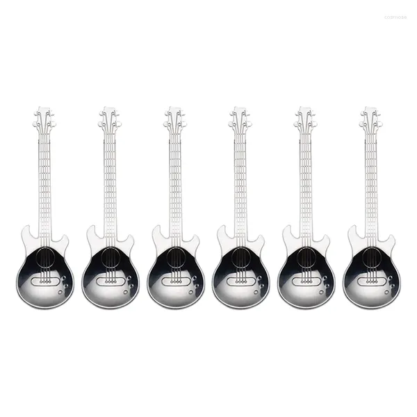 Kahve kepçeleri gitar kaşıkları 6 paket yaratıcı sevimli paslanmaz çelik çay kaşığı karıştırma kaşık şeklindeki (gümüş) perakende