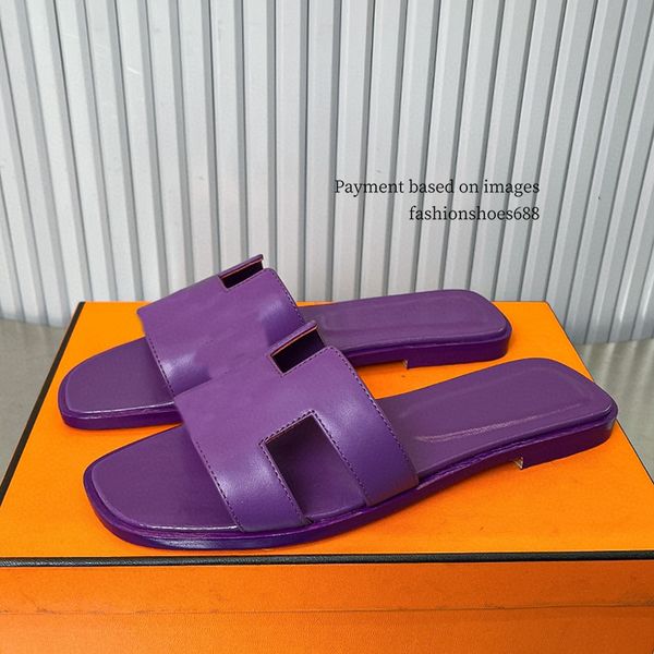 Фиолетовые кожаные тапочки на плоской подошве, женские тапочки, элитные шлепанцы с кожаной подошвой, роскошные дизайнерские новые уличные пляжные туфли, туристические плоские тапочки, размеры 35-42 + коробка