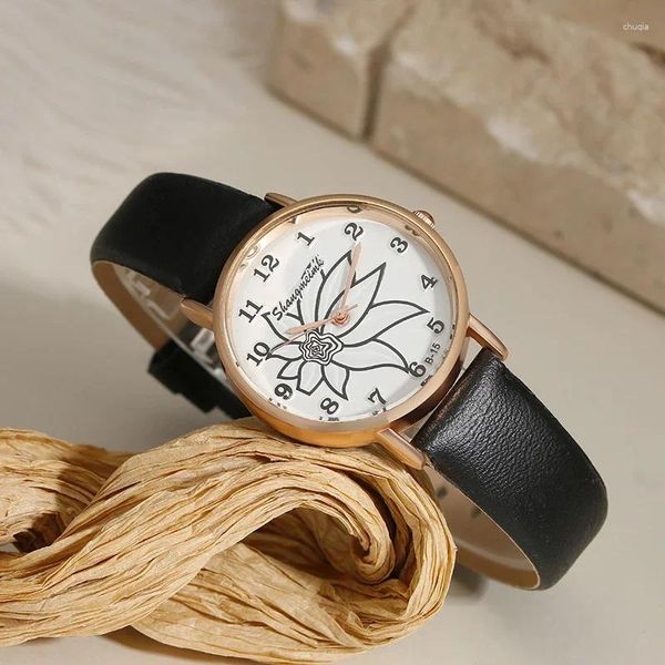 Armbanduhren Elegante einfache Blumen Design Zifferblatt Damenuhren Frauen Mode Luxus Kleid Uhr Casual Frau Quarz Leder Uhr