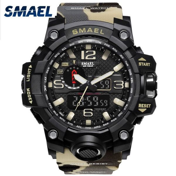 SMAEL Marke Männer uhr Dual Time Camouflage Military Digitale LED Armbanduhr 50M Wasserdicht 1545BMen Uhr Sport Watch2786