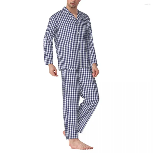 Masculino sleepwear azul e branco gingham outono verificado retro oversize pijama conjuntos masculino manga longa confortável quarto impresso nightwear