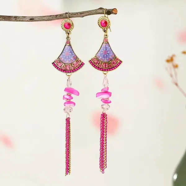 Brincos pendurados estilo chinês sino liga gota bonito em forma de leque colorido flor borla pingente feminino na moda jóias japonesas
