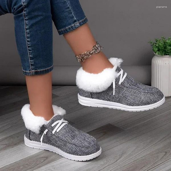 Sapatos casuais femininos rendas até apartamentos de pelúcia deslizamento-on senhoras elegante inverno com pele plana mocassins algodão quente