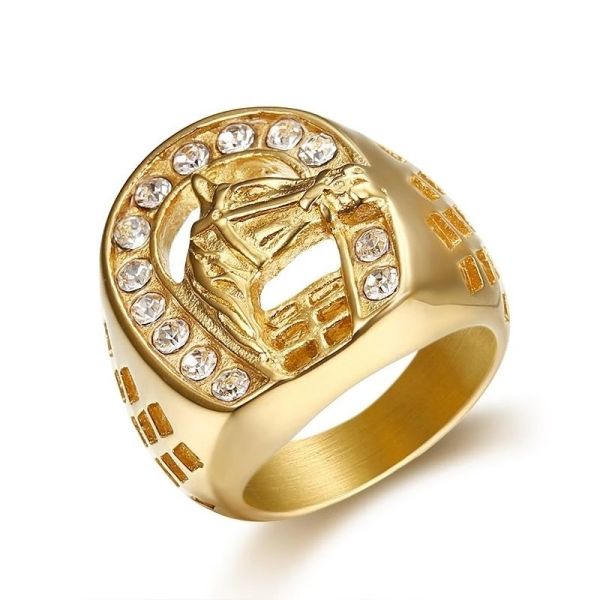 Requintado oco em forma de u ferradura cabeça de cavalo 14k anel de ouro amarelo feminino brilhante zircão animal anel masculino feminino moda jóias presentes