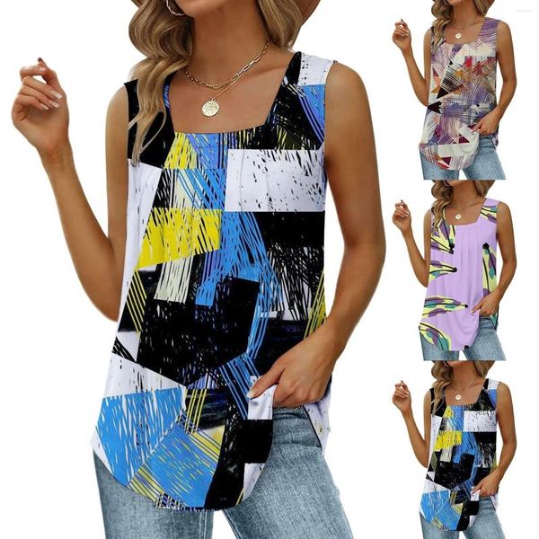 Tanques femininos Mulheres Abstrato Impresso Colete Casual Solto Encaixe Sem Mangas Camisas Curvas Hem Flowy Pescoço Quadrado Spaghetti Strap Tank Tops