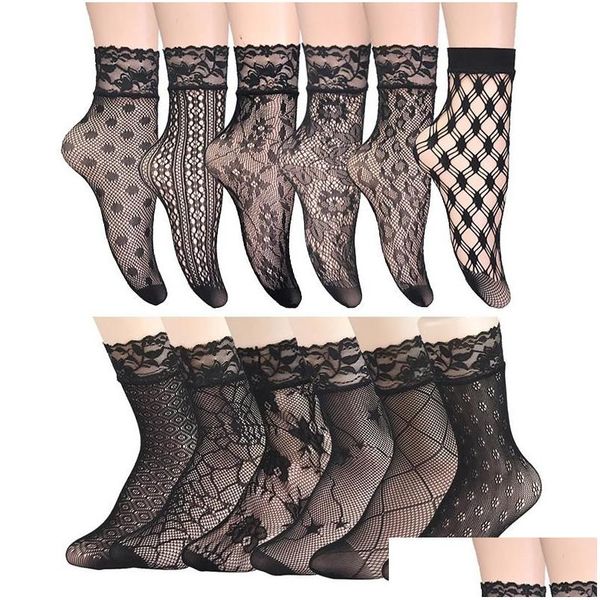 Meias Hosiery Vintage Lace Senhoras Verão Floral Malha Elástica Transparente Tornozelo Curto Lolita Mulheres Vestido Fishnet Preto Femalesocks D Dh9ovv