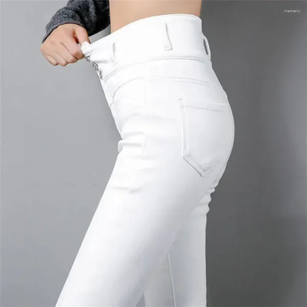 Frauen Jeans Hohe Taille Knopf Weiß Bleistift Frauen Schwarz Große Größe 5xl Dünne Denim Leggings Hosen Knöchellangen Stretch LJ278