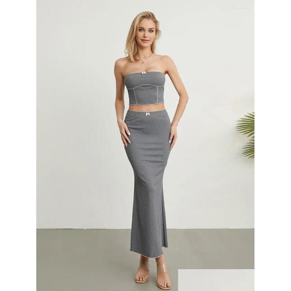 Mulheres Tanques Camis Mulheres Y2K Saia Set Outfits Strapless Crop Top Bodycon Midi Vestido Y 2 Peça Knit Verão Gota Entrega Vestuário Pano Otolr