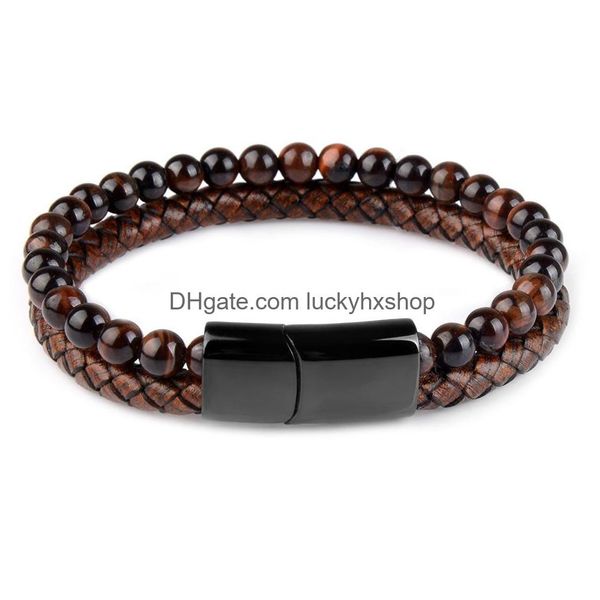 Braccialetti a catena in pietra naturale Vera pelle intrecciata in acciaio inossidabile nero Chiusura magnetica Occhio di tigre Bracciale con perline Gioielli da uomo 230508 Dr Dhb1J