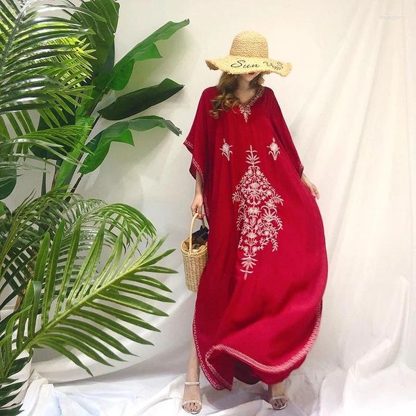 Вечерние платья Пляжное платье Кафтан Дубай Фея с вышивкой Свободное и тонкое красное женское летнее богемное платье больших размеров