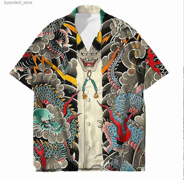 Camisas Casuais Masculinas Tessffel Samurai Tatuagem Japonesa 3D Impresso Mens Camisa de Praia Havaiana Moda Verão Harajuku Casual Oversized Street Roupas L240320