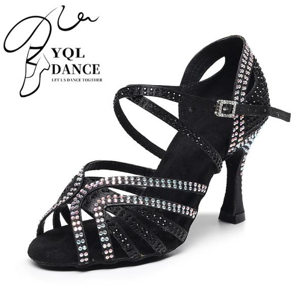 Schuhe Woma Flecken Seiden Latin Ballsaal Tanz Schuhe Schwarz braunen Riemchen Crystal Bachata Salsa Tanzschuhe für Mädchen Performance Schuhe