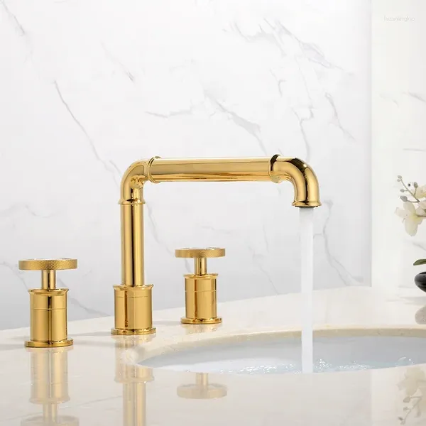 Rubinetti per lavandino del bagno Stile industriale ORO / NERO Rubinetto in ottone Rame Tre fori Due maniglie Miscelatore lavabo Acqua fredda fatto a mano