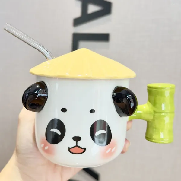 Tazze Tazza in ceramica Panda con coperchio e cannuccia Design cartone animato Tazza per l'acqua Regalo di compleanno per bambini