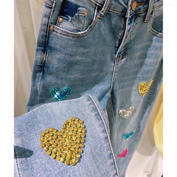 Jeans femininos luxo europeu na moda artesanal costura diamantes calças jeans magros casual amor miçangas calças de emagrecimento