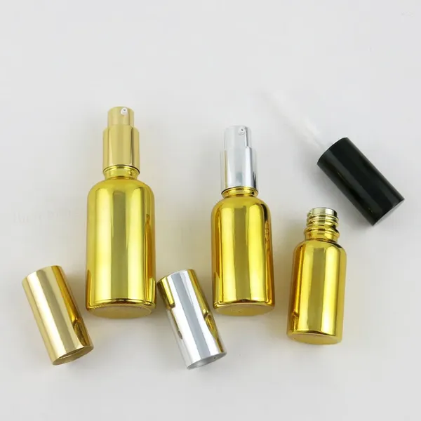 Vorratsflaschen, 12 x hochwertige, nachfüllbare Goldglas-Creme-Shampoo-Flasche mit schwarzer Silberpumpe, 5 ml, 10 ml, 20 ml, 30 ml, 50 ml, 100 ml