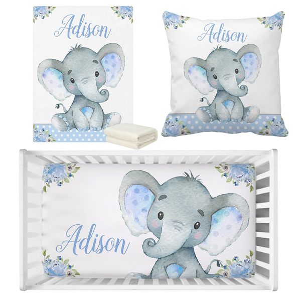 LVYZIHO Bettwäsche-Set für Babybetten, individueller Name, Blume, blauer Elefant, Babyparty-Geschenk 240313