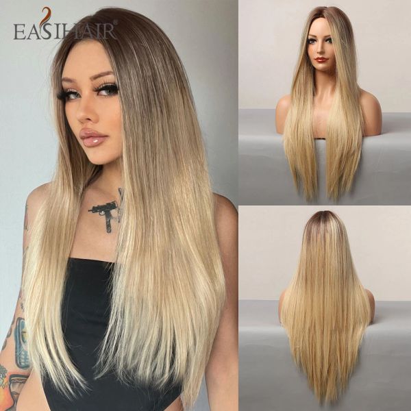 Perucas easihair longa reta perucas sintéticas para mulheres ombre marrom dourado loira parte média resistente ao calor peruca cosplay cabelo natural