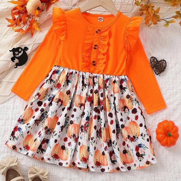 Mädchen Kleider Kinder Mädchen Kleid Halloween Kleidung Kürbis Blume Patchwork Knöpfe Rüschen Rundhals Langarm Herbst Prinzessin