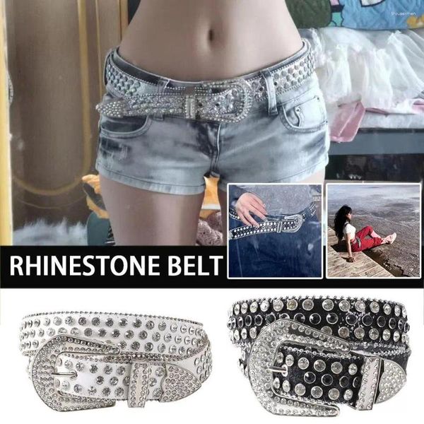 Cintos jeans femininos strass grande tamanho cinto masculino punk couro hiphop moda brilhante y2k design rebite rock estilo denim bel e5v6