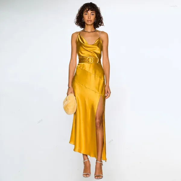 Vestidos casuais verão ouro cetim vestido deslizamento balanço pescoço sem costas festa elegante para mulheres 2024 ocasião formal noite