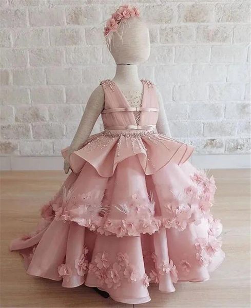 Vestidos de menina imagem real rosa meninas roupas mãe filha vestidos de festa com decote em v vestido de baile 3d flores pérolas vestido de flor