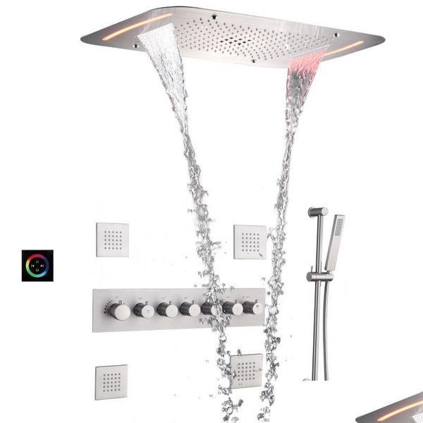 Badezimmer-Duschsets, gebürstetes LED-Regensystem-Set, 28 x 17 Zoll, großer Wasserfall, Niederschlag und thermostatische Mes-Sprayer-Körperdüsen, MTI-Funktionen