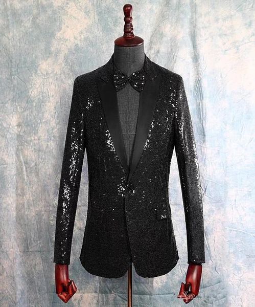 Novas lantejoulas preto masculino ternos para casamento lapela pico noivo usar smoking um botão baile de formatura festa blazer terno apenas uma jaqueta 7307936612