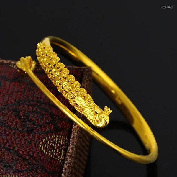 Bracciale rigido con apertura in oro 24 carati 999 con pavone, placcato in rame, moda 18 carati, fidanzamento nuziale di lusso