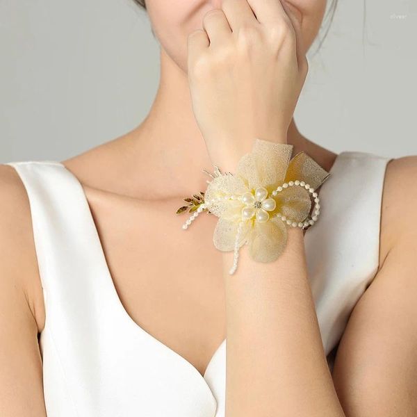 Bracciale da damigella d'onore da polso fiore matrimonio perla di seta artificiale cinturino da polso braccialetto attività per ragazze accessori per feste danzanti